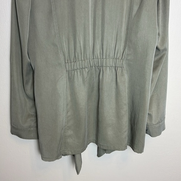 Chicos Ruffle Open Front Waterfall Duster Olive Green Jacket Chico’s Sz 2 Large - Picture 9 of 14
